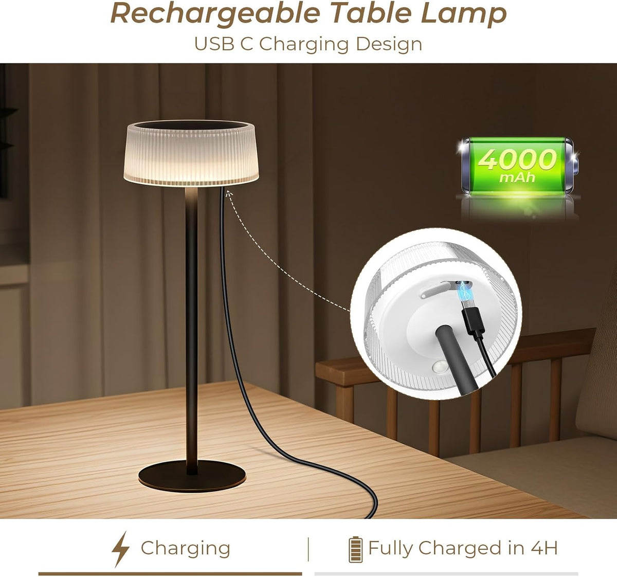 Lacasa Rechargeable Cordless Table Lamp, 2 PCS Battery Operated Solar Table Lamps Outdoor 4000mAh IP67 Waterproof
