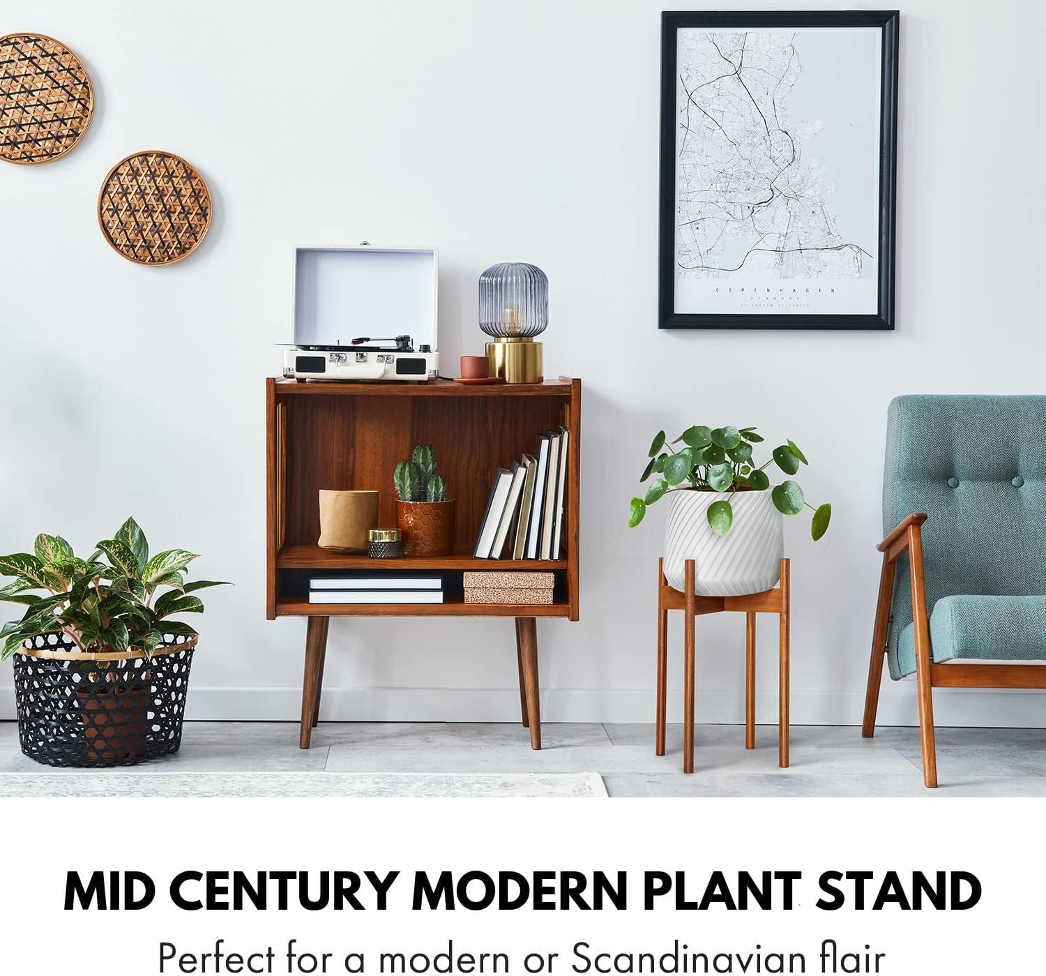 Fox & Fern Mid Century Plant Stands for Indoor Planters, Acacia, 10 Inch | Plug In Design, Holds 175 lbs, Two High
