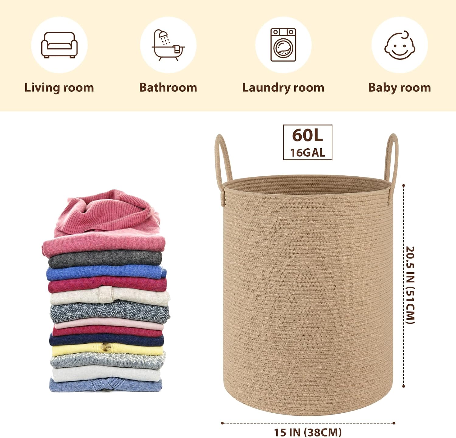 Cotton Rope Woven Basket for Blankets / Yellow / 60L