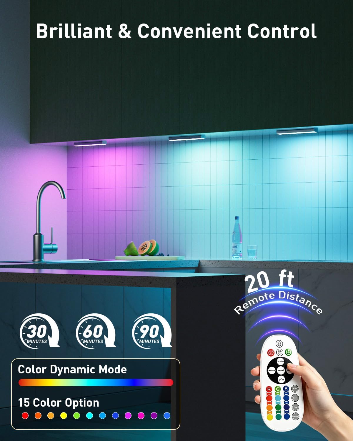Under Cabinet Light Wireless with Remote, 15 Color RGB Magnetic Led Light Bar, 48-LED Rechargeable Closet Lights, 3