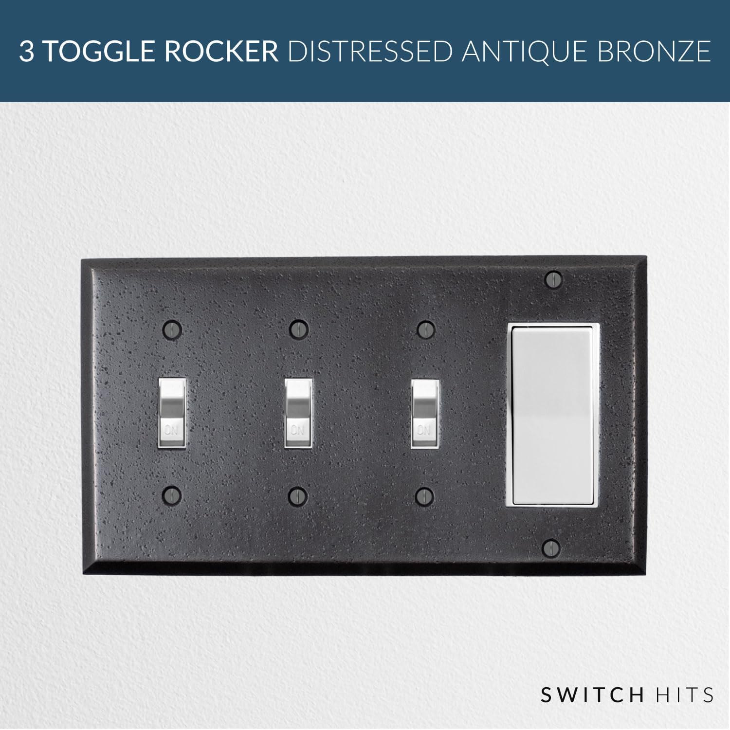 Distressed Antique Bronze Outlet Wall Plate | 3 Toggle - 1 GFI Rocker | 8.25" x 4.5" | Hand-Polished Brass Construction