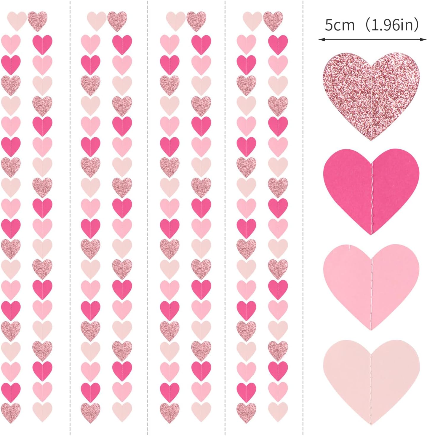 Hot-Pink Rose-Gold Party Decorations Heart-Garland / Pink Rose Gold / 52 Inch