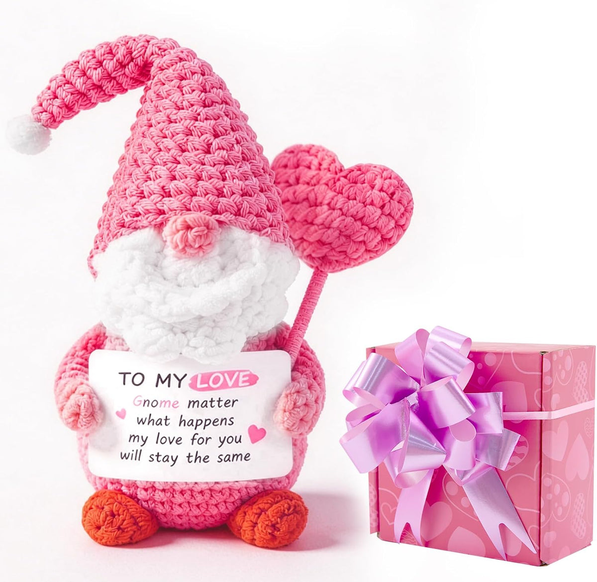 to My Love Crochet Gnome, Handmade Pink Romantic Gnome Decor for Valentines Day Anniversary Graduation, Emotional Support Desk with Love Message Card, Pink Heart Gnome Gift for Her