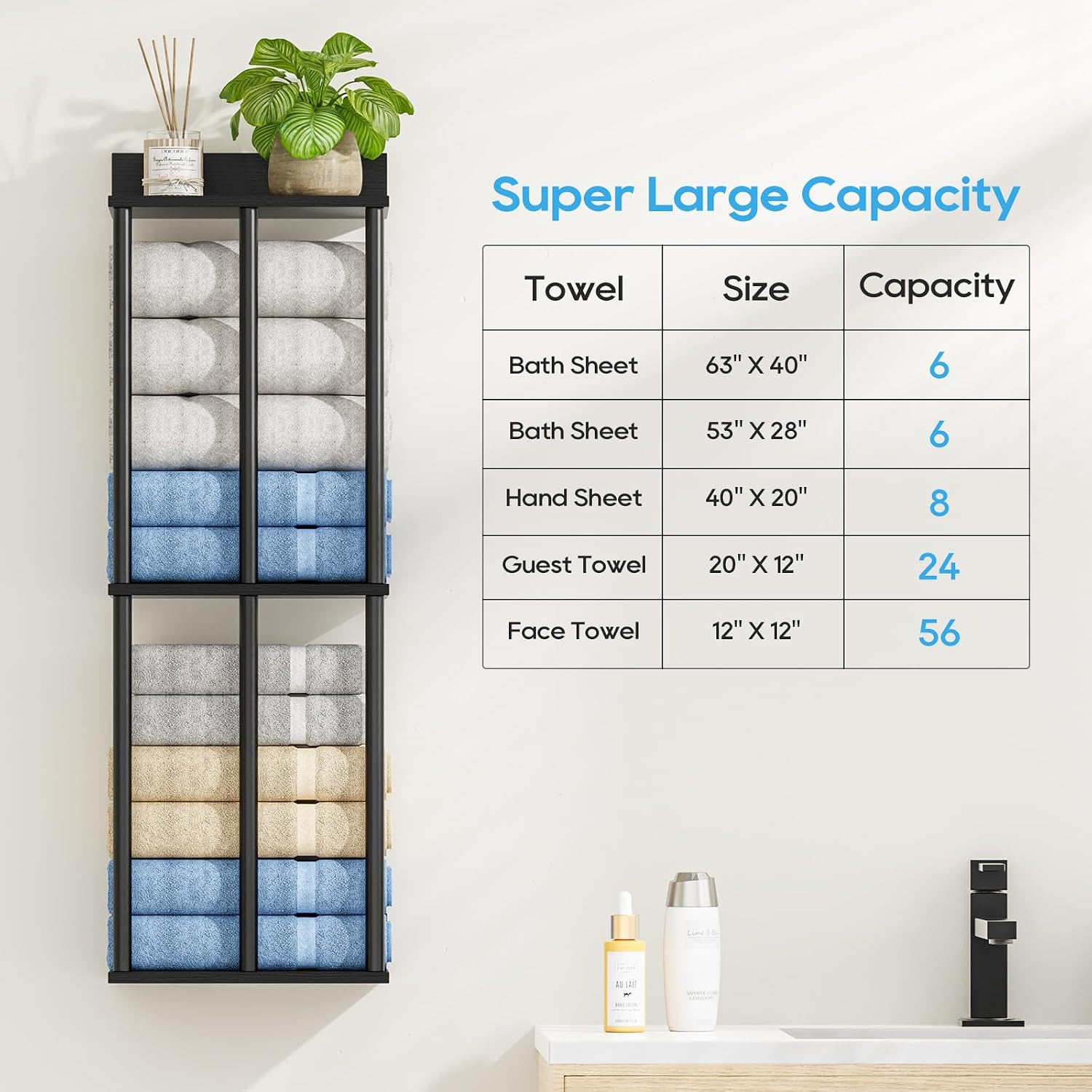 Towel Racks for Bathroom Wall Mounted with Wooden Storage Shelf | Updated 3 Bar Metal Towel Holder for Rolled Towels