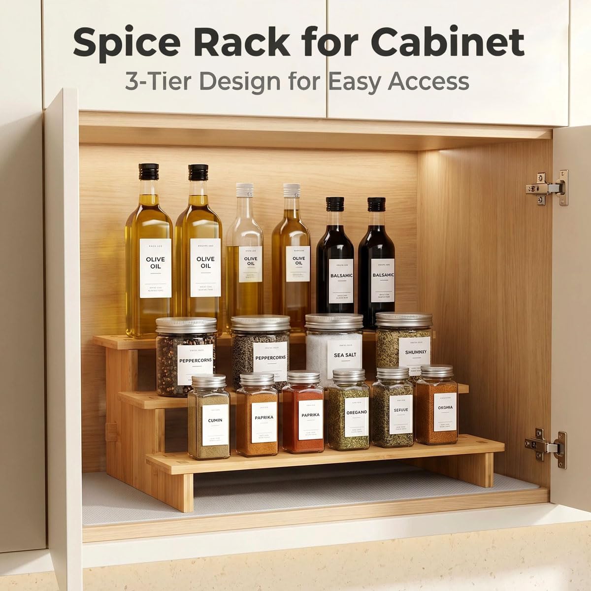 JinDoWin 3 Tiered Spice Rack Organizer for Cabinet,Spice Organization for Cabinet, Seasoning Organizer,Spice Shelf and