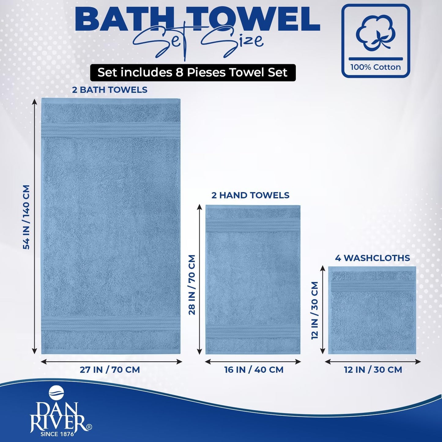 DAN RIVER 8 Piece Luxury Bath Towels for Bathroom, Towel Set, Medium Blue | 2 Bath towels, 2 Hand towels, and 4 Wash