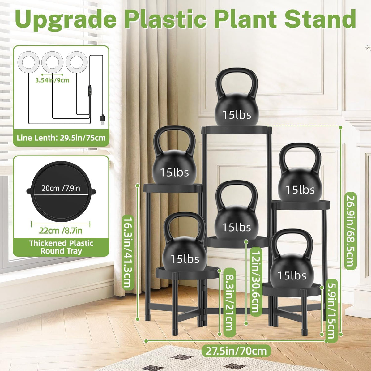 iDavosic.ly 6 Tier Folding Plastic Plant Stand Indoor, Grow Light, Black | Space Saving Tiered Corner Storage Display