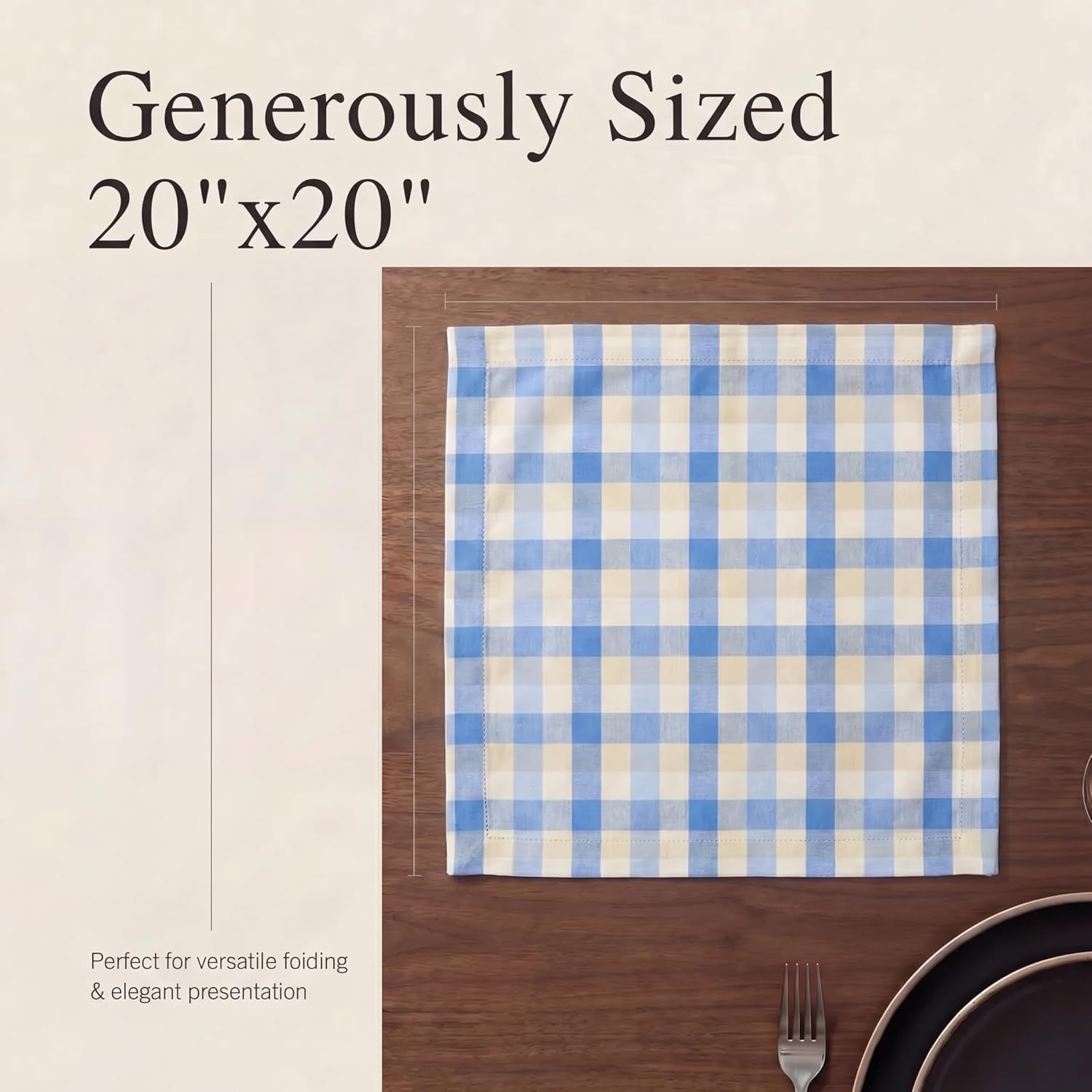 Urban Villa Cloth Napkins Cotton 20x20 (Set of 12) Blue Sand Checks