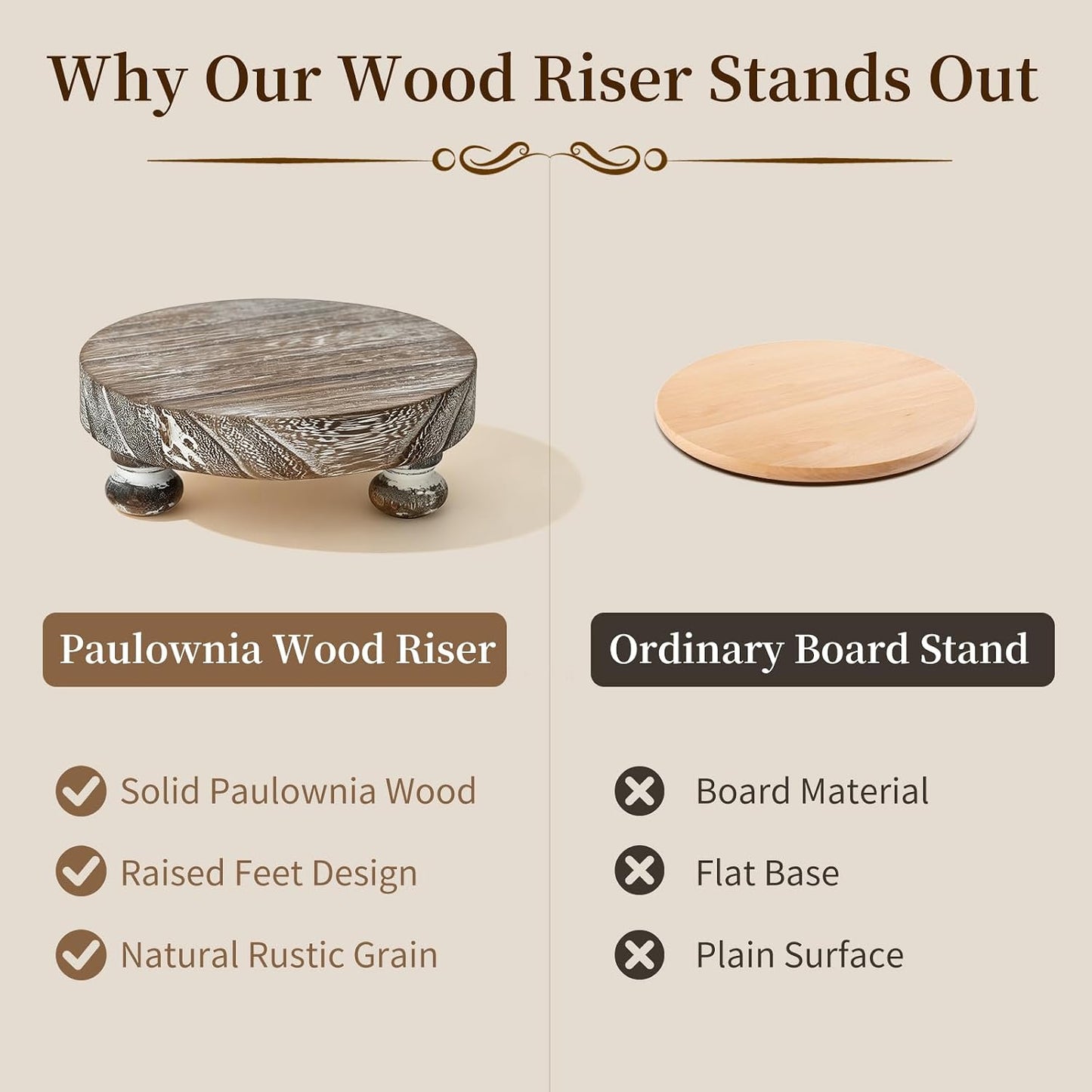 Rustic Decor Mini Wooden Pedestal Stand Decorative Round Tray / Whitewashed / Set of 2