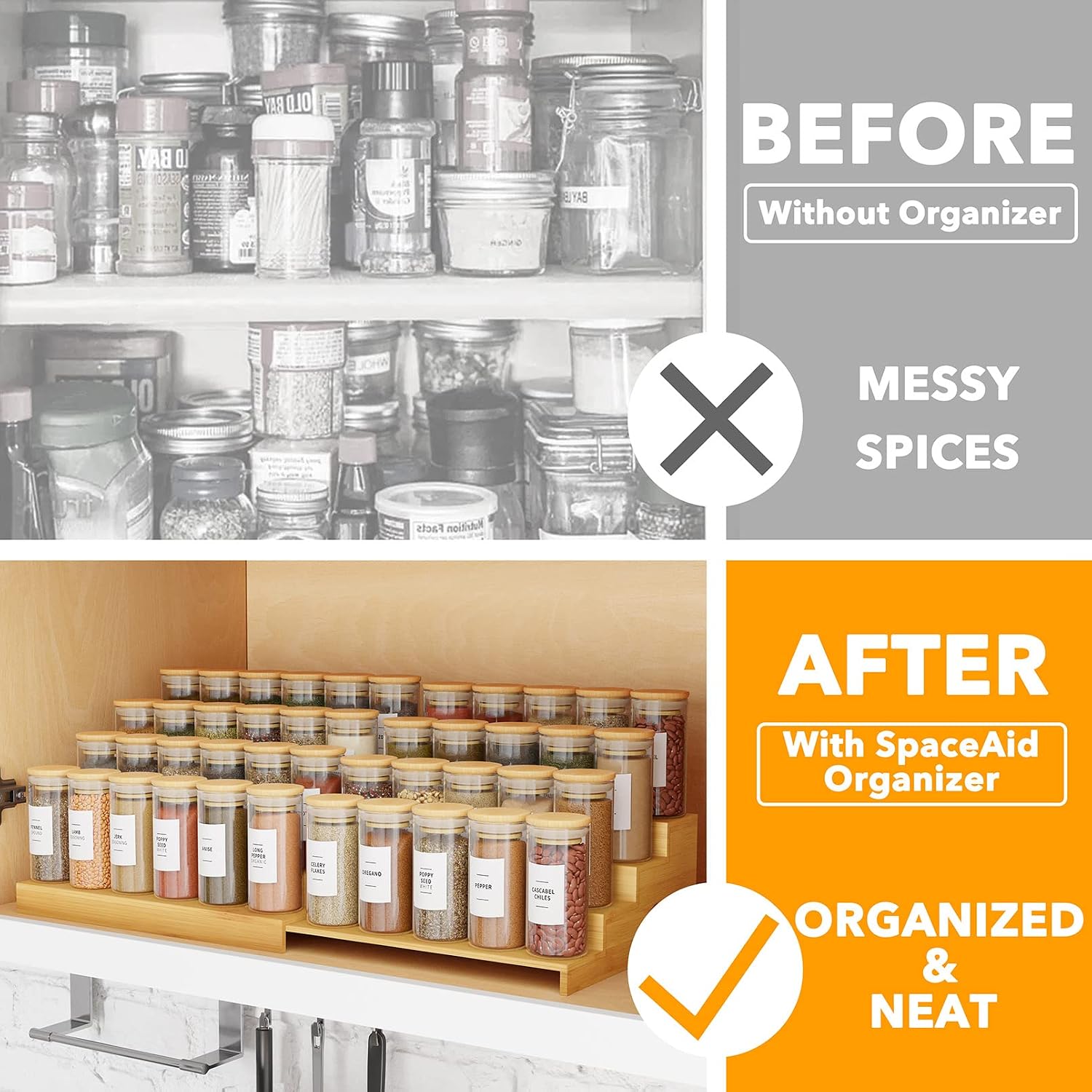 SpaceAid 4 Tier Bamboo Spice Rack Organizer for Cabinet, Kitchen Pantry Spices Storage Rack for Cabinets Organization
