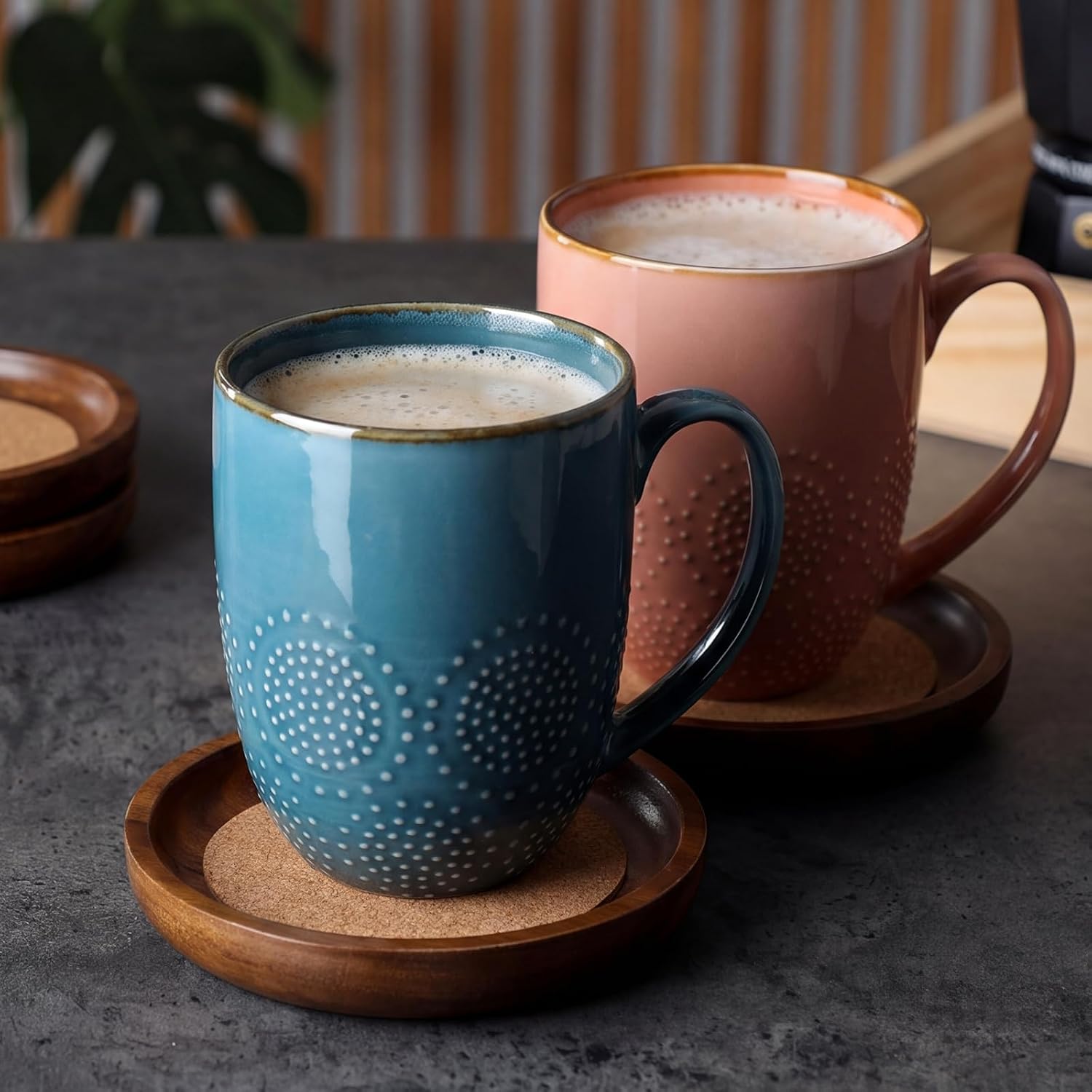 Acacia Wood Cork Coasters for Drinks Stackable Wooden Coasters Absorbent / 4 Inch / Set of 6