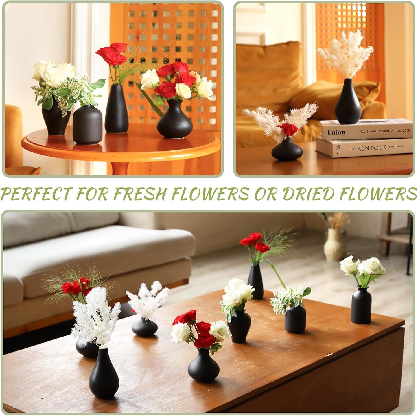 Mini Ceramic Bud Vases for Flowers / Black / Set of 8