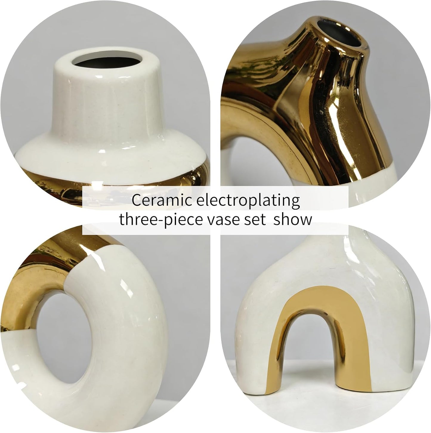 Modern Ceramic Decorative Vase / White and Gold / Set of 3