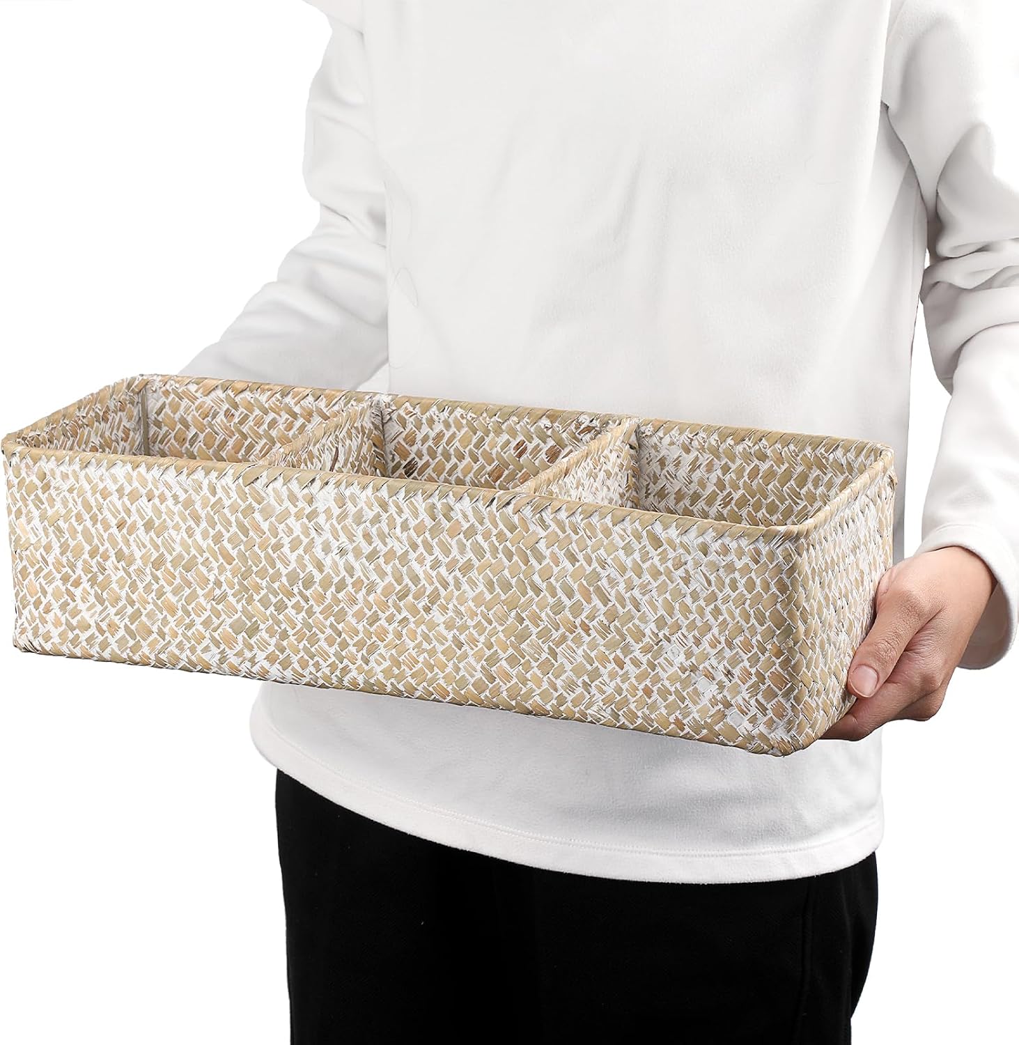 Handwoven Seagrass Storage Basket 3 Sections Toilet Tank Paper Basket Wicker / Large / Whitewash