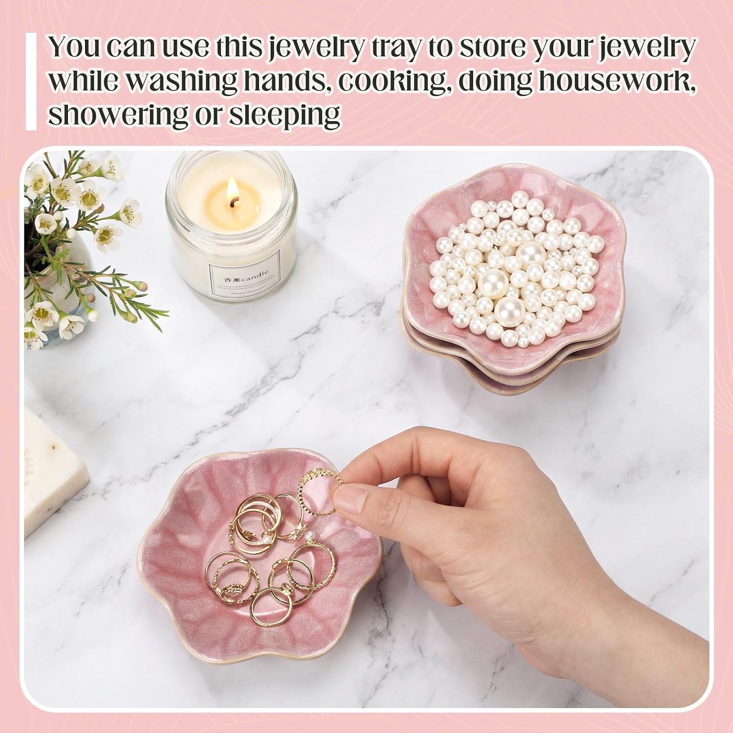 Small Jewelry Dish Trinket Holder Tray for Rings Earrings Key Bowl Women / Pink / Ceramic / Set of 4