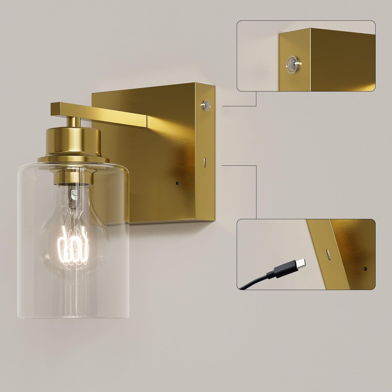 Rayogale Wireless Battery Operated Wall Sconce Set of 2 with Remote Control | Gold Dimmable Rechargeable Wall Lights