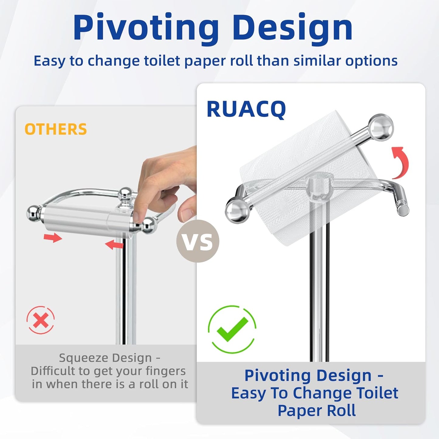 RUACQ Bathroom Toilet Paper Holder Stand with Storage, Chrome | Pivoting Free Standing Toilet Roll Holder, Holds 4