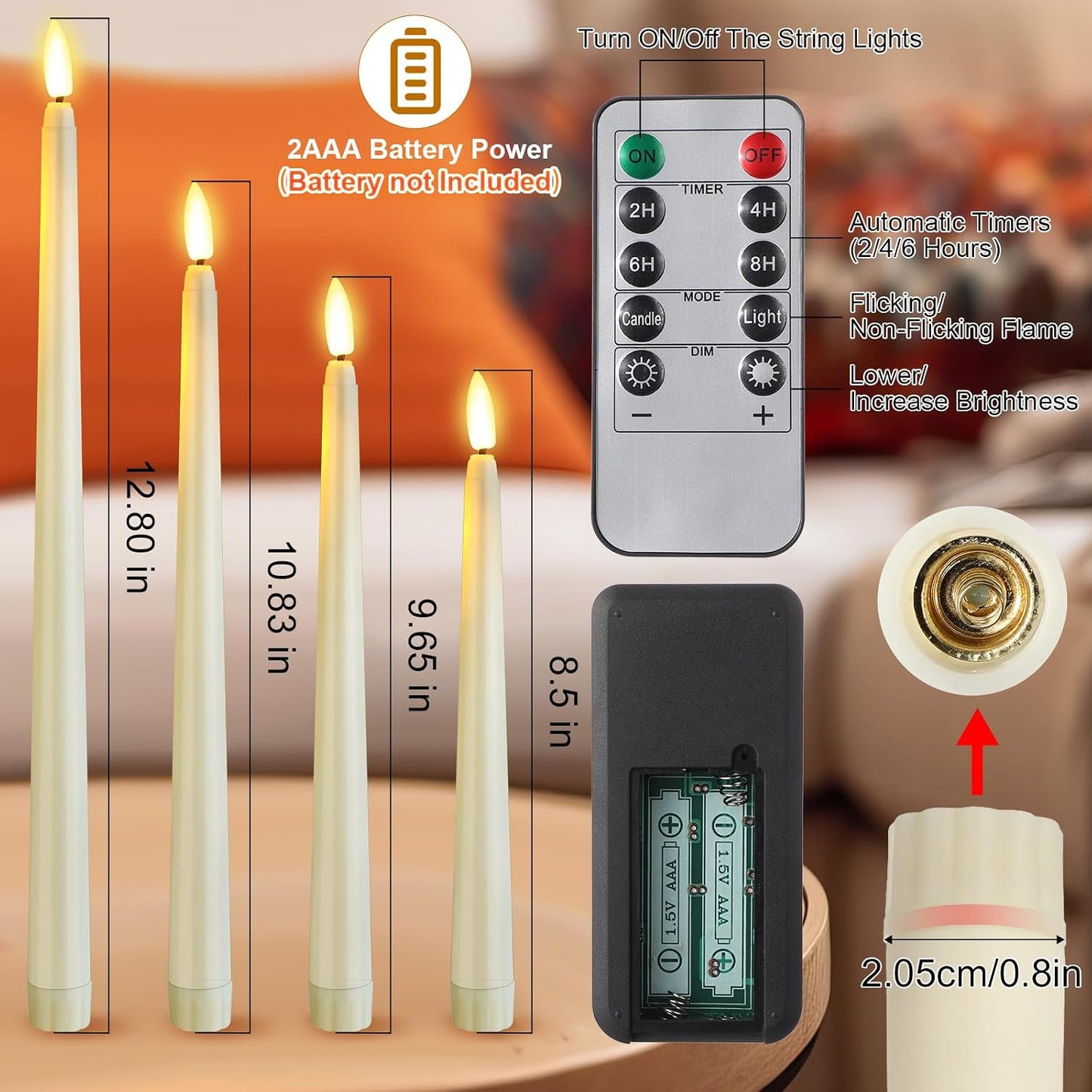 Rossesay 28 Pcs Flameless Taper Candles with Timer Remote 4 Sizes of 8.5", 9.6", 10.83", 12.8" LED Flickering Taper