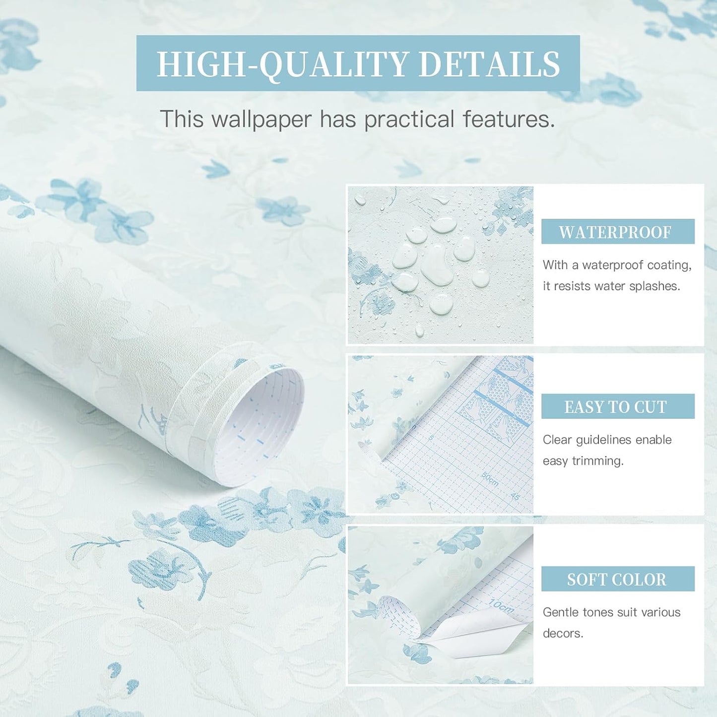 Wallpaper Floral Contact Paper Peel and Stick Wallpaper White Vintage French / 17.3 x 362 / Blue