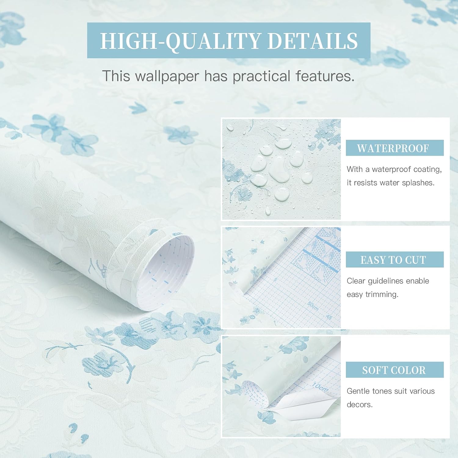 Wallpaper Floral Contact Paper Peel and Stick Wallpaper White Vintage French / 17.3 x 362 / Blue