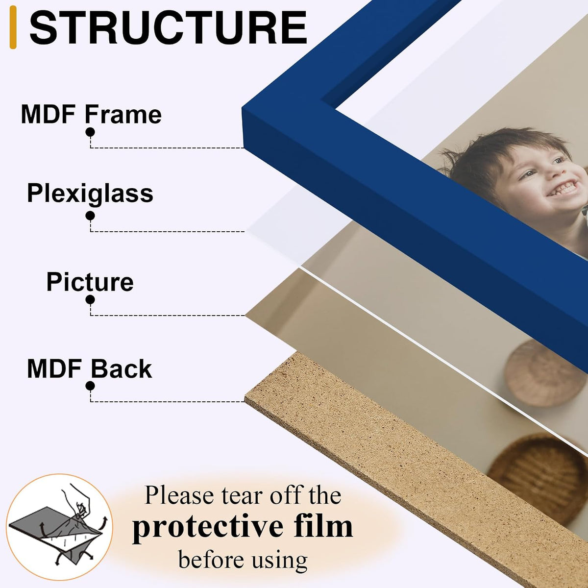 decorUhome Blue Triple 8x10 Picture Frame Vertical, MDBU08 | "Z" Shape Folding Design Engineered Wood Trifold Photo