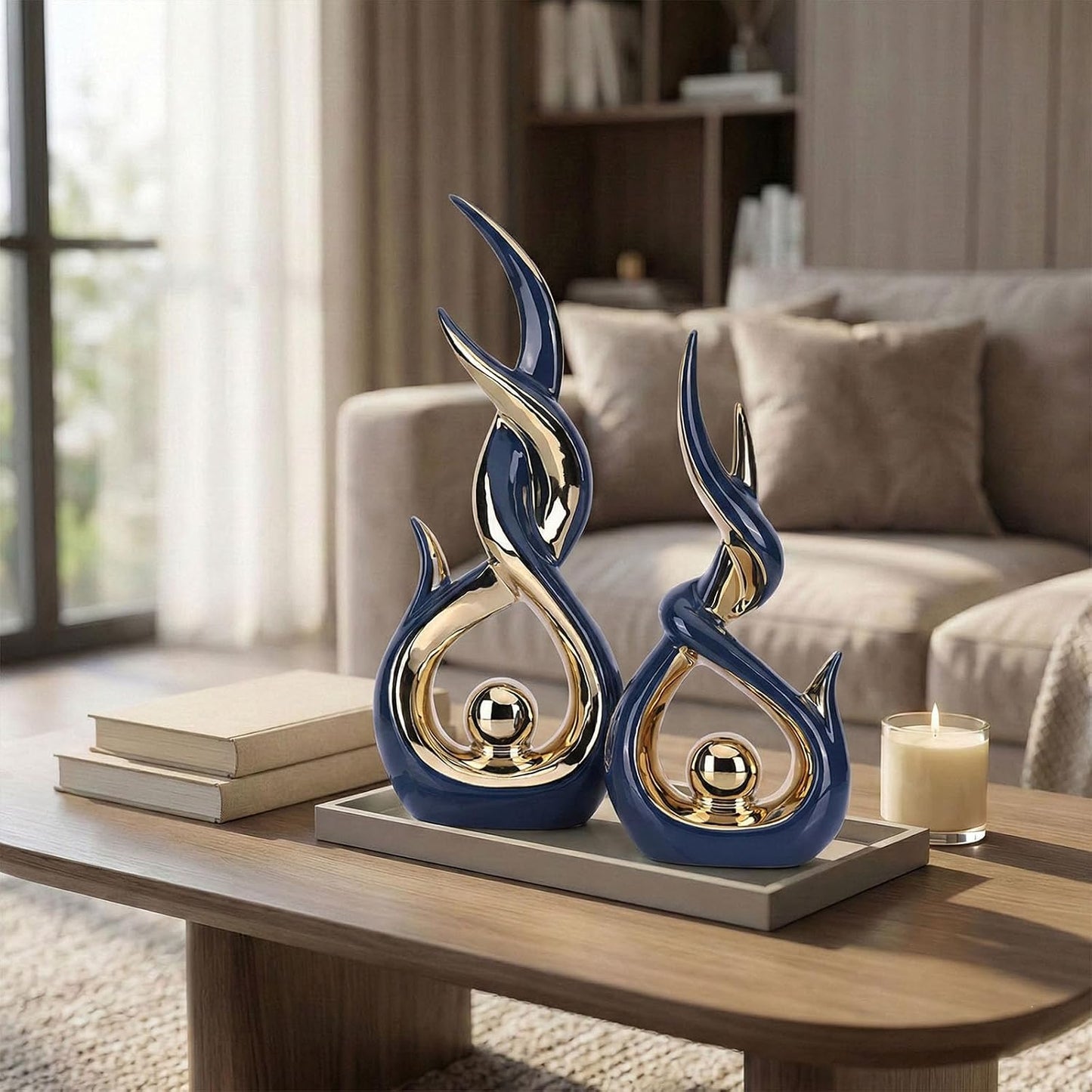 Abstract Ceramic Sculpture Modern Electroplated Figurines Decorative / Blue and Gold / Set of 2
