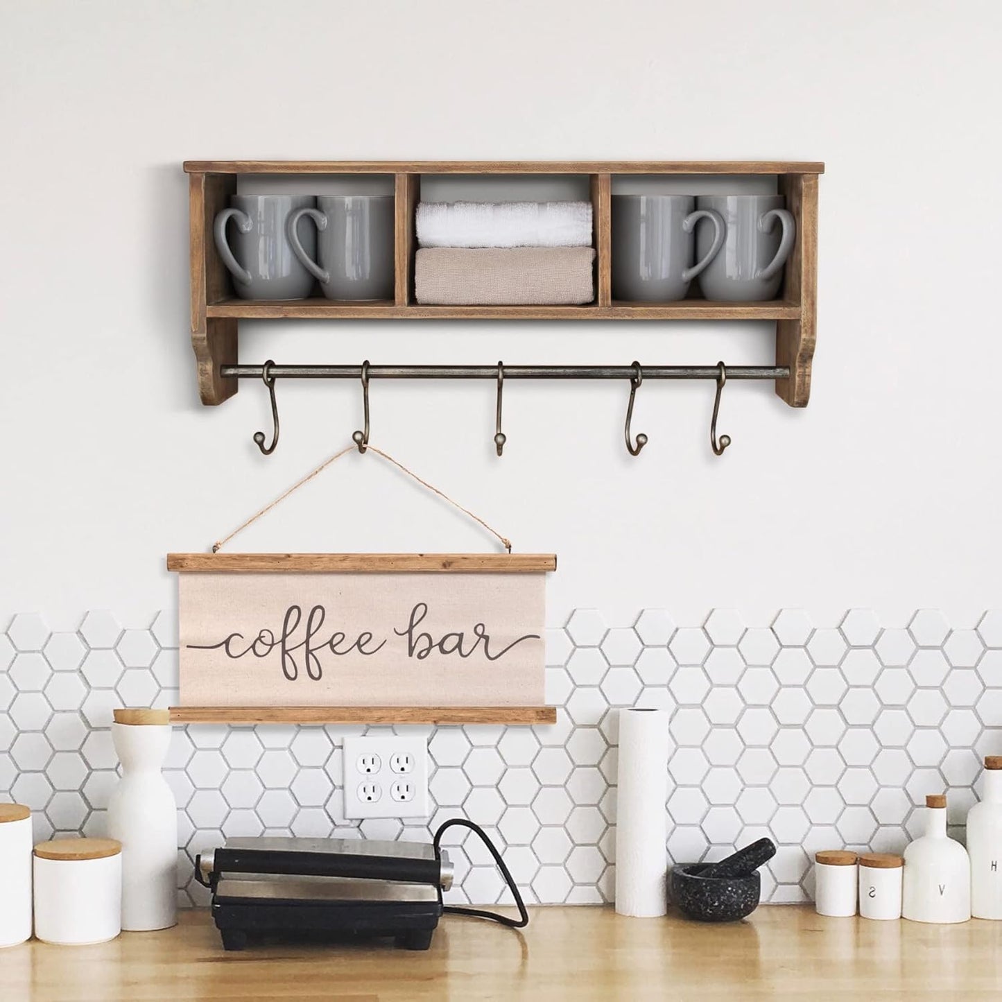 HBCY Creations Wall Mounted Shelf with Coat Hooks and Baskets, Solid Wood Entryway Organizer Wall Shelf with Hooks
