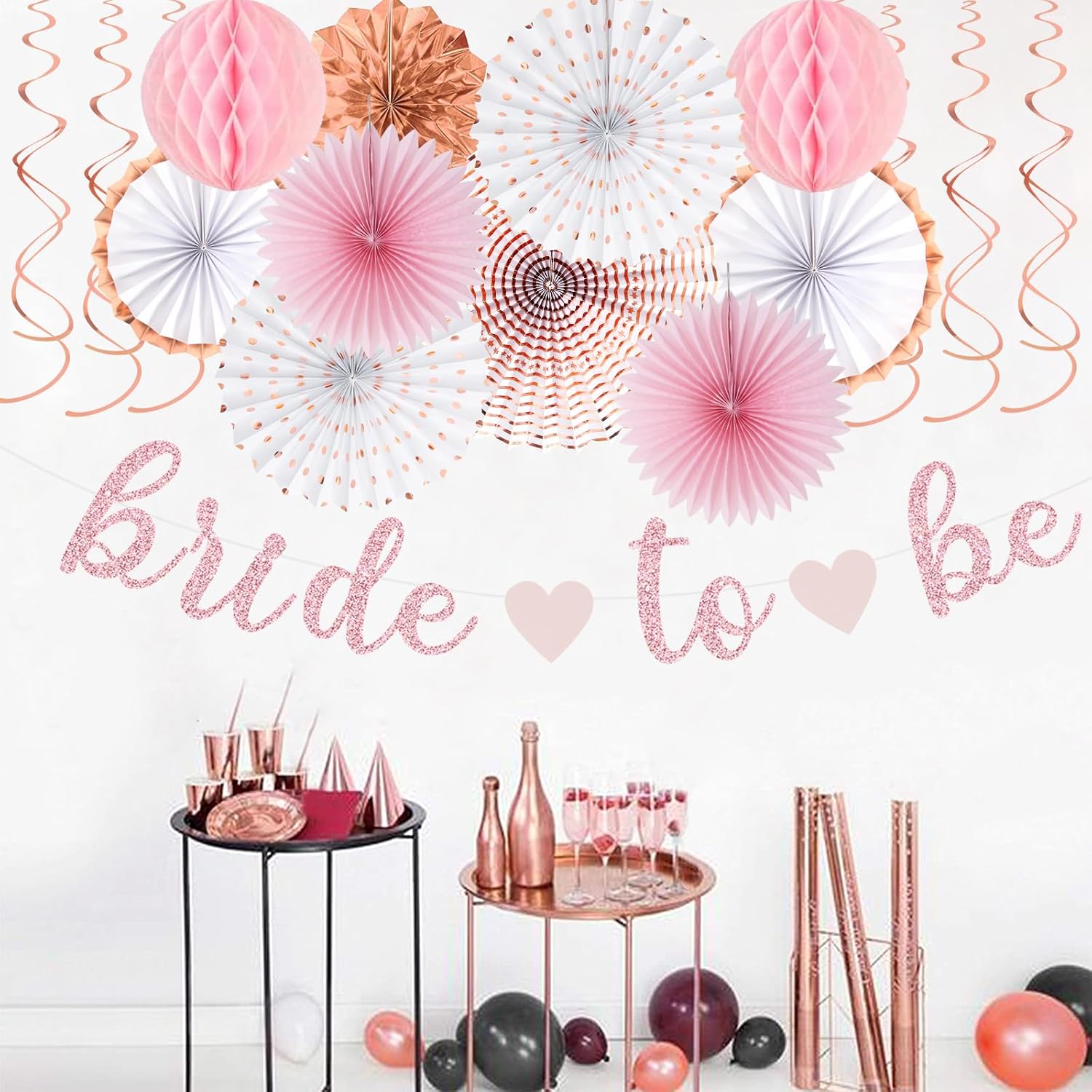 Kits Bride To Be Banner Garland / Pink White Rose-gold / Set of 17