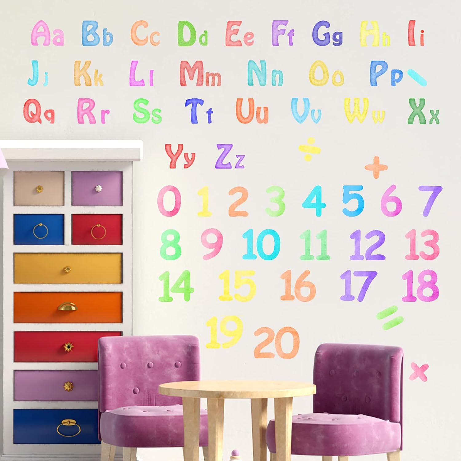 Number Alphabet Wall Decals Letters Wall Decal Alphabet ABC Learning Stickers Colorful / Watercolor
