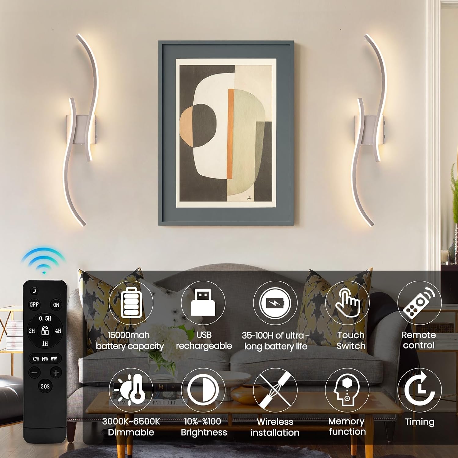 Battery Operated Wall Sconces Set of 2, Rechargeable Dimmable Battery Wall Light with Remote Control, Brushed Nickel