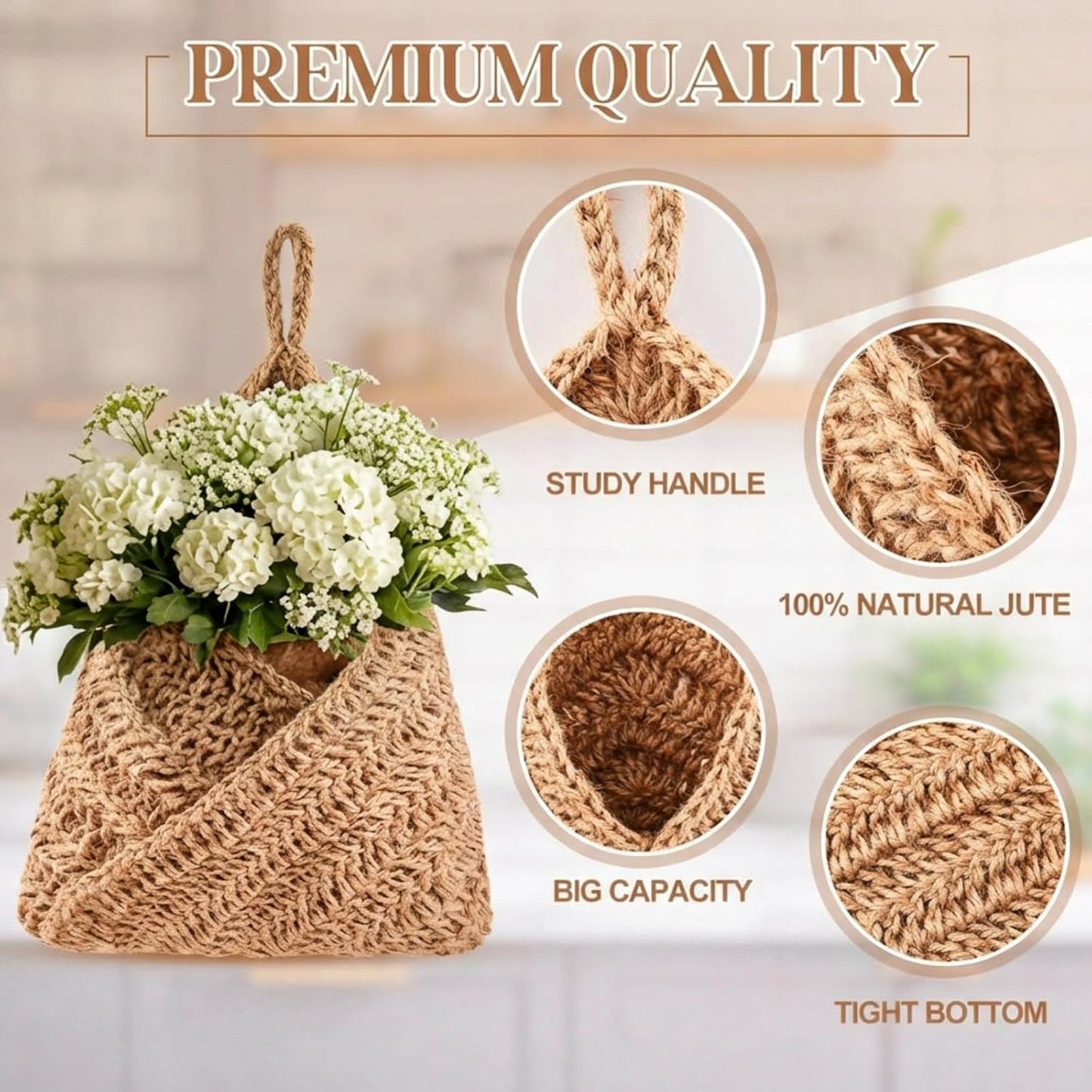 Boho Decor Hanging Wall Baskets / Linen / Jute / Triangle / Set of 3