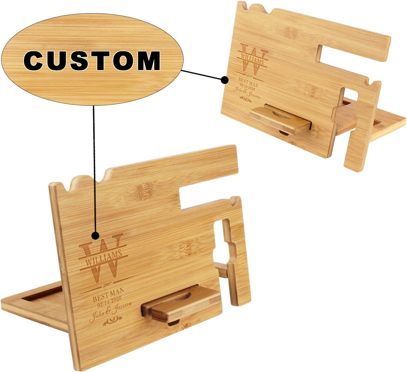 awofer Gifts for Men - Wood Phone Docking Station Personalized - Engraved Nightstand Organizer with Phone Charging