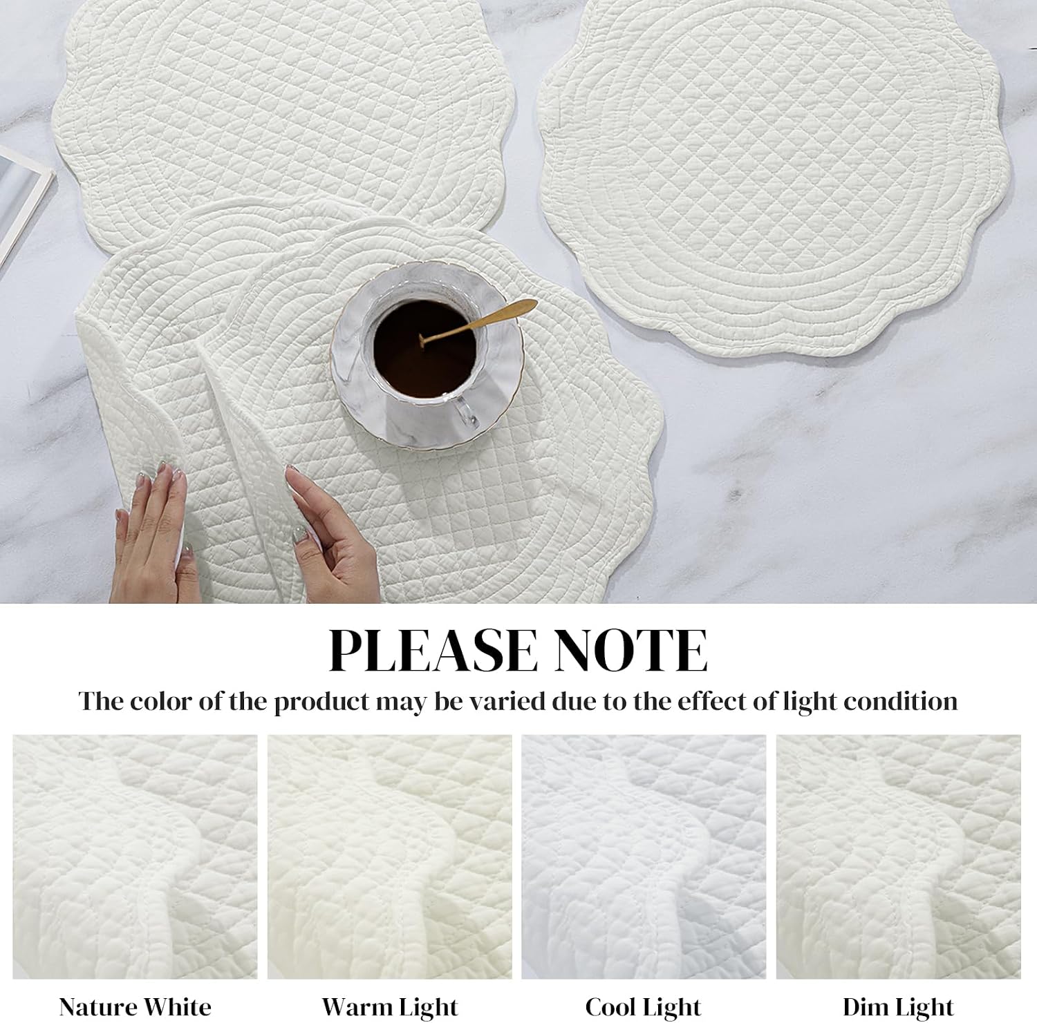 HOMBYS Quilted Placemats Set of 6 Washable Round Placemats for Kitchen Table-100% Cotton Fabric 14 Inch Round Table