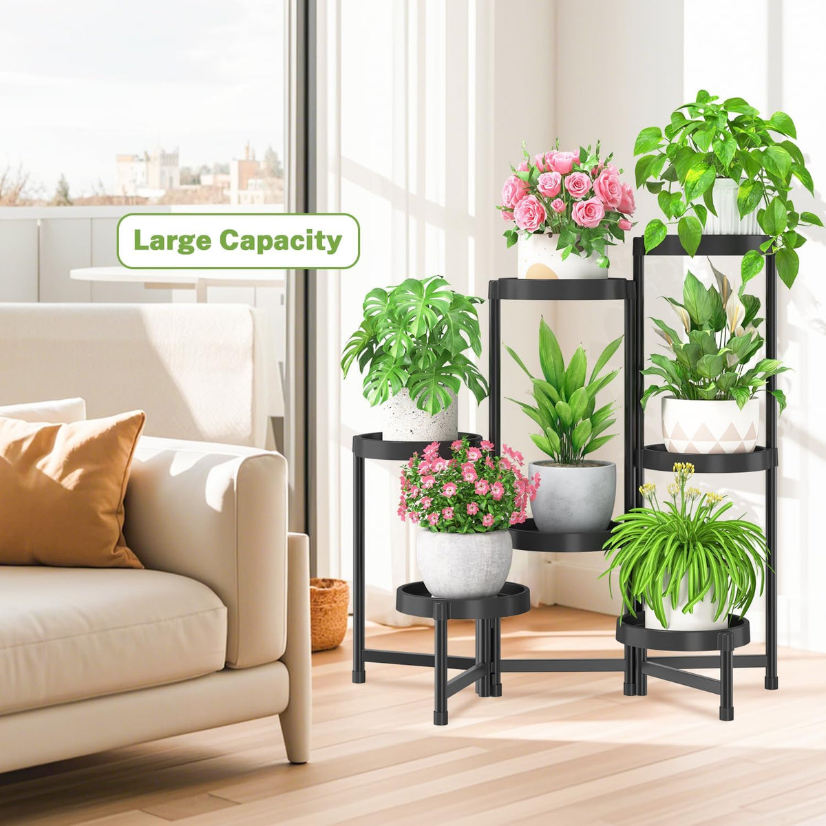 iDavosic.ly 7 Tier Folding Plant Stand Indoor Outdoor, Plastic Tray, Black | Space Saving Tiered Corner Storage Display