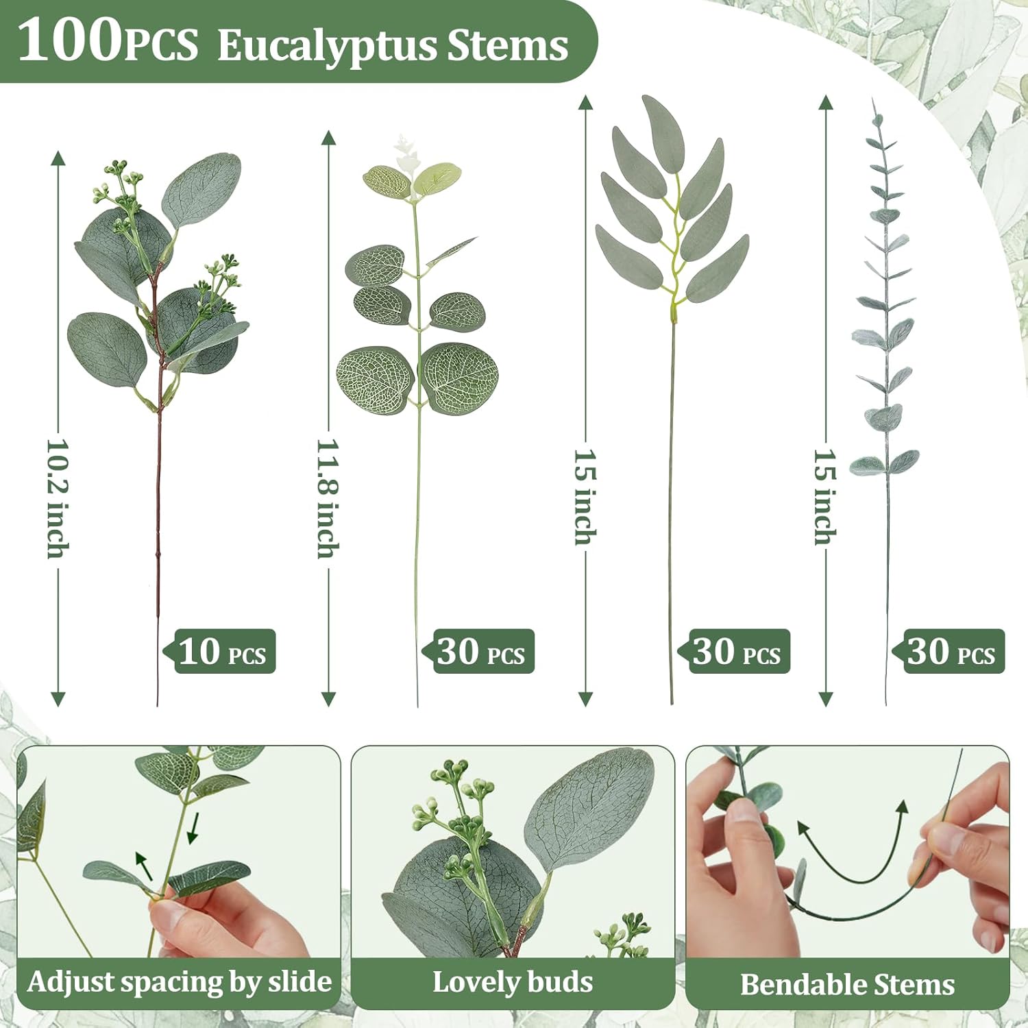 Artificial Greenery Stems / Attractive Forest Green / Set of 100