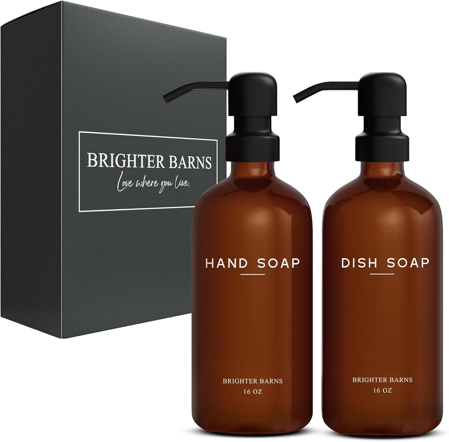 Amber Glass Hand and Dish Soap Dispenser Set by Brighter Barns - Modern Kitchen Decor & Accessories for Airbnb, RV
