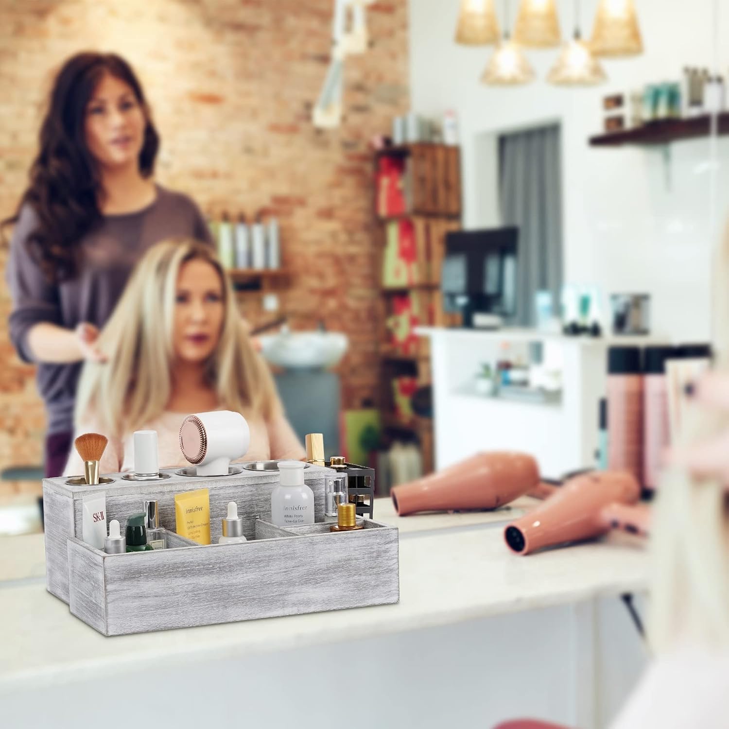 Hair Tool Organizer, Wooden Hair Dryer Holder and Bathroom Countertop Blow Dryer Holder, Vanity Caddy Storage Stand for