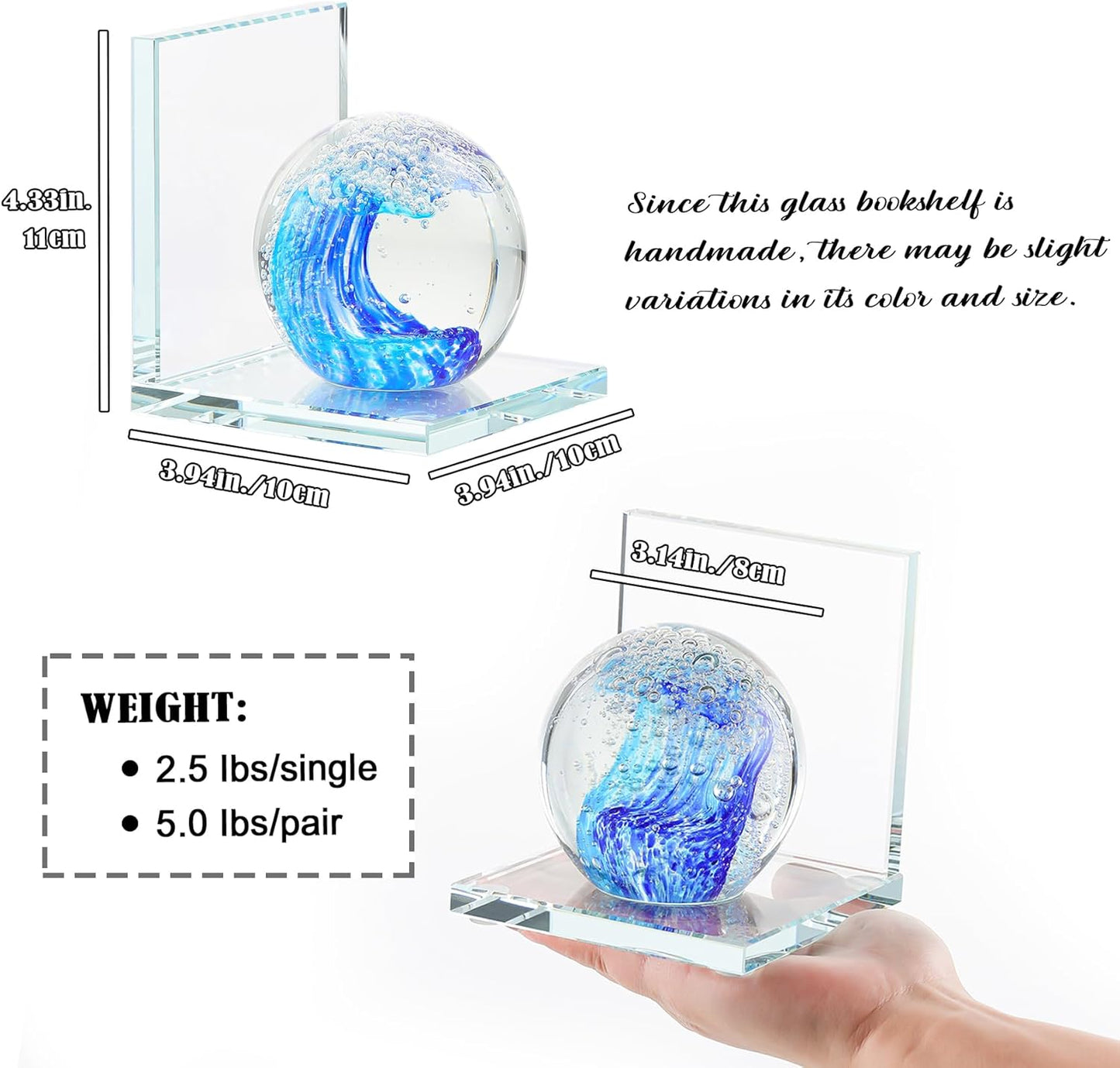 Hand Blown Ocean Waves Ball Glass Decorative Non Skid Bookends / Blue
