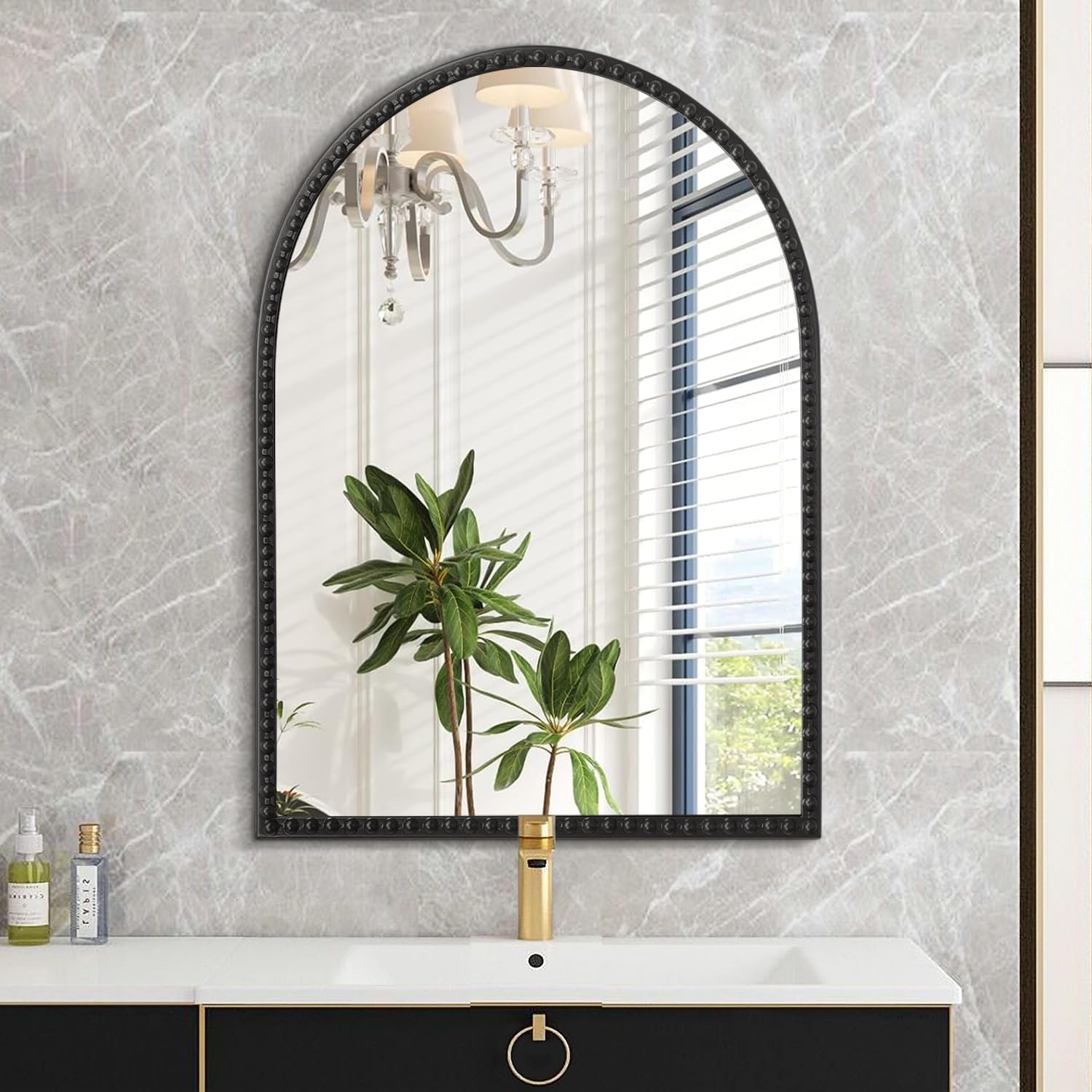 Arched Wall Mirror Metal Beaded Frame Bathroom Mirror for LivingRoom / 30"L x 20"W / Black / 30 x 20