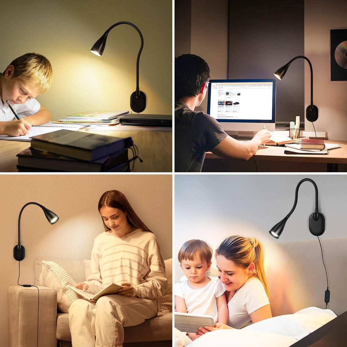 LiFMIRA Wall-Mounted LED Bedside Reading Light USB Charging Port 2Pcs Black | 10-Level Dimmable & Adjustable 5 Color