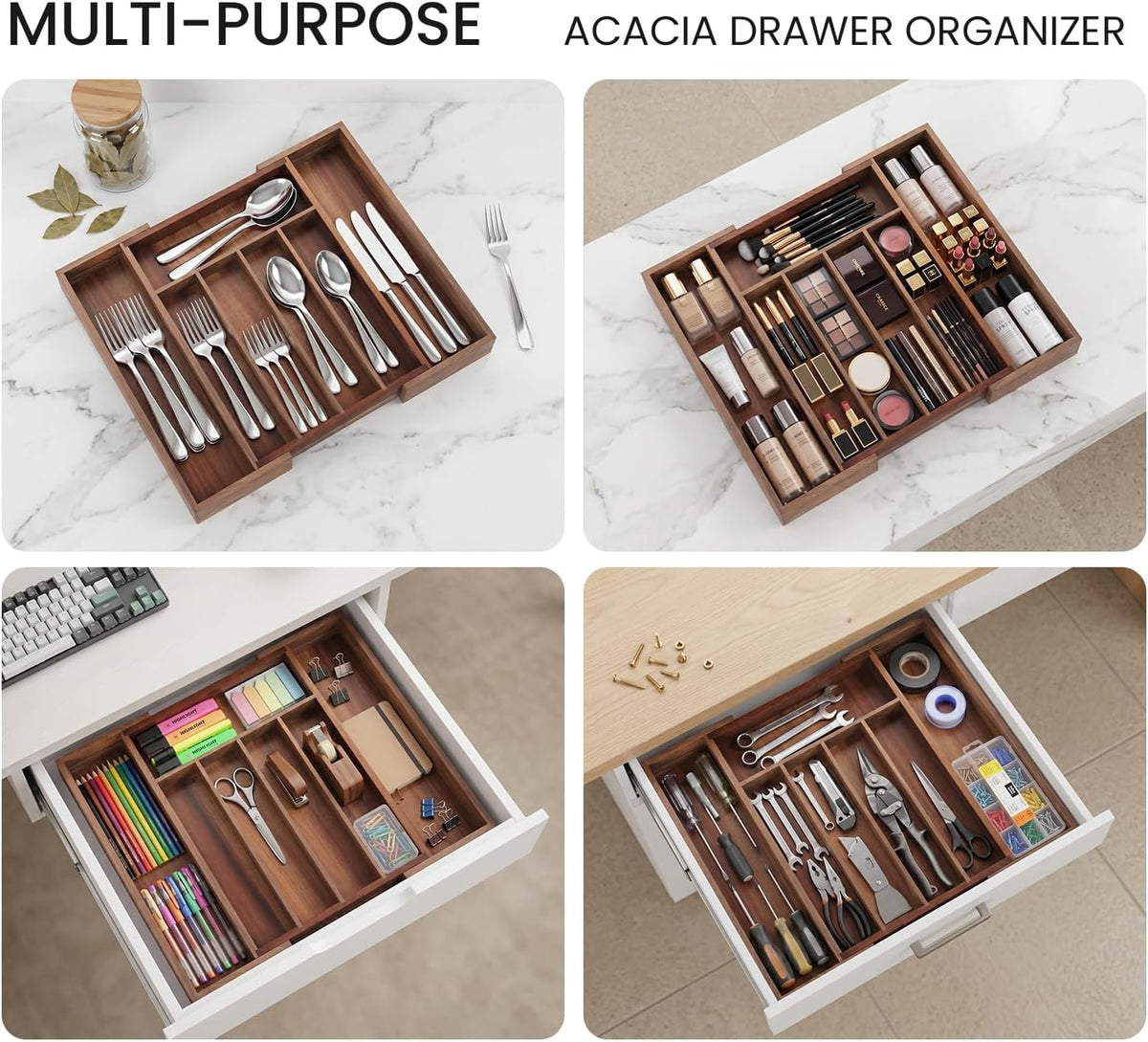 Fibogollo Expandable Kitchen Drawer Organizer,Acacia Wood Silverware Organizer,Adjustable Flatware Tray for