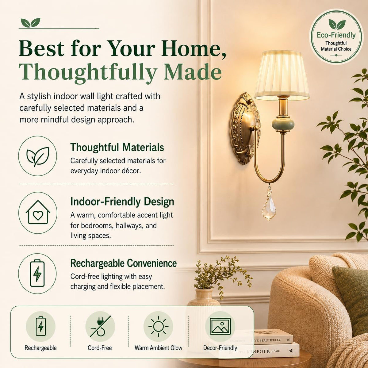 Wireless Battery Operated Antique Brass Wall Sconces Set of 2, 10000mAh Rechargeable Gold Crystal Vintage Fabric Shade