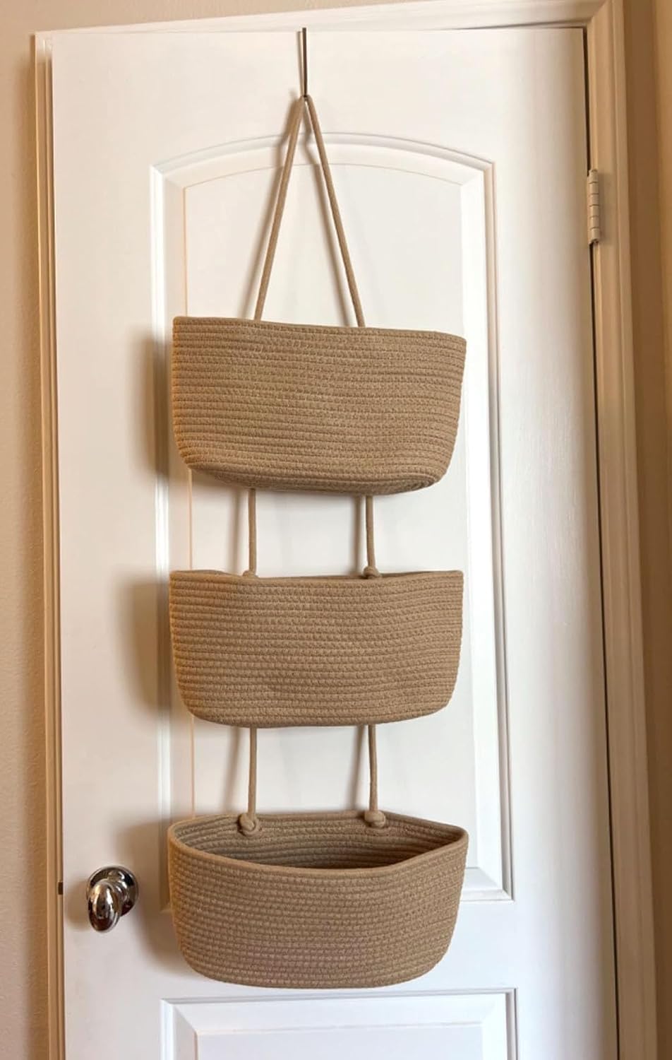 Woven Cotton Hanging Baskets for Organizing Decor 3-Tier Over the Door Wall-Mounted Storage / Brown