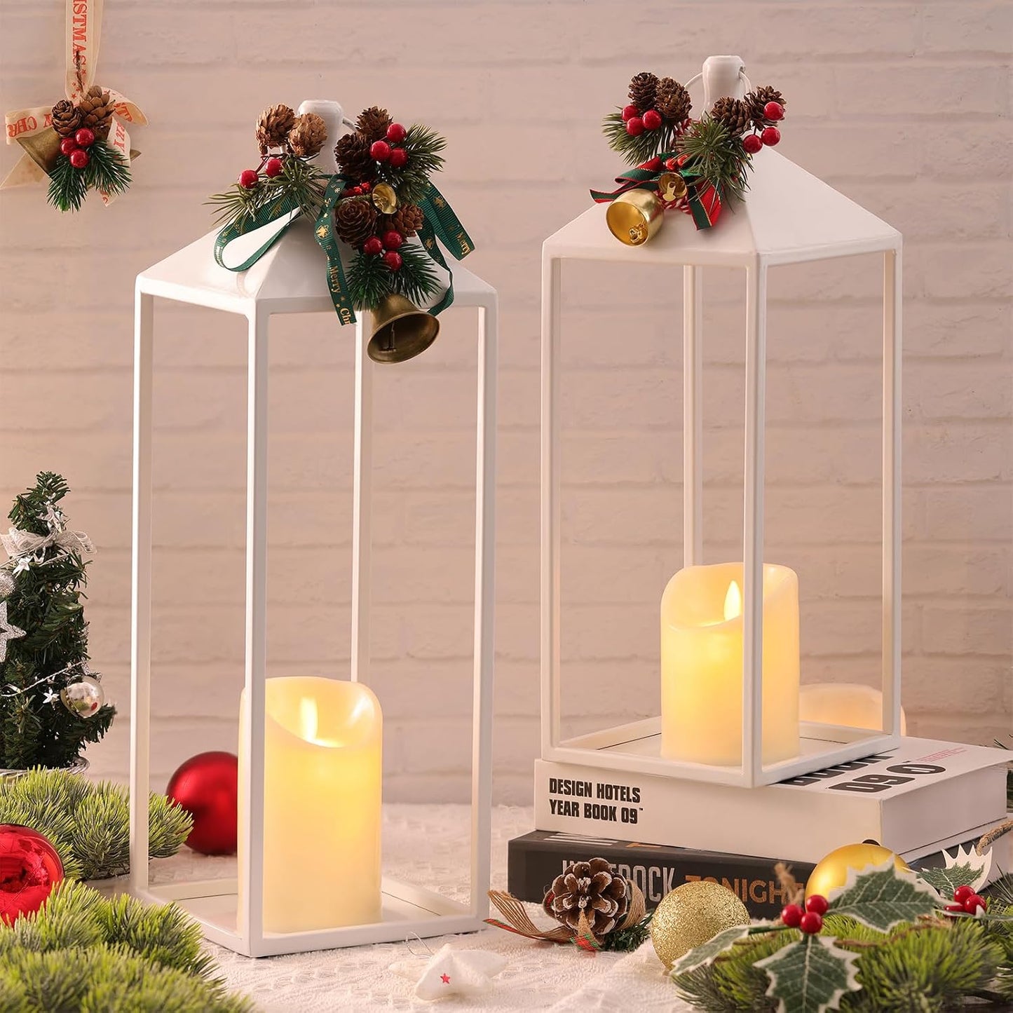 White Decorative Lantern Decor 17" 13" Set of 2 Wedding Lantern with Candle | White Candle Lanterns Decorative Modern
