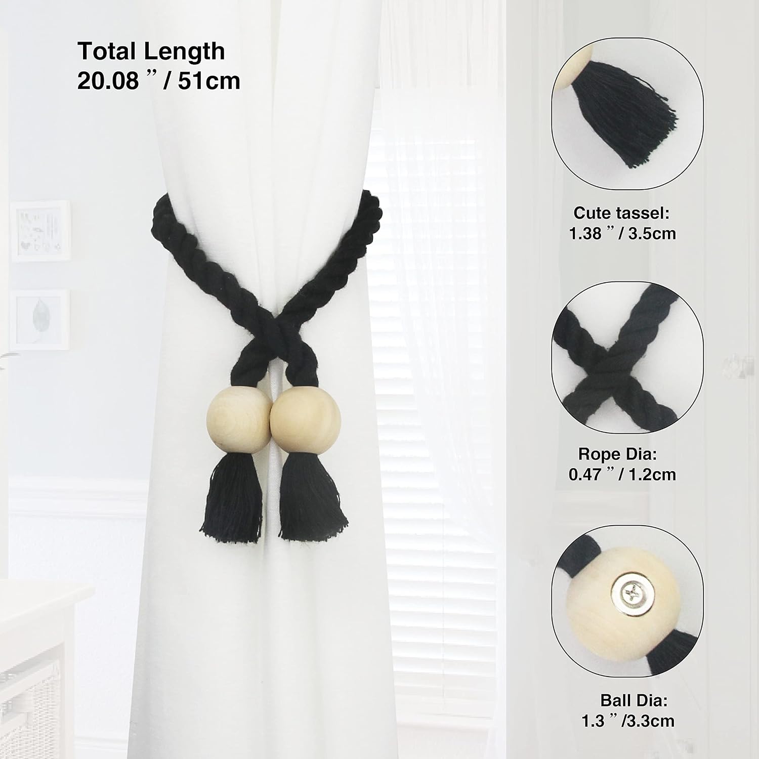 Magnetic Curtain Tiebacks Decorative Tie Back Drapes Holdbacks Nieffeiy | 6 Pack Black Cotton Hand Woven Rope Curtain