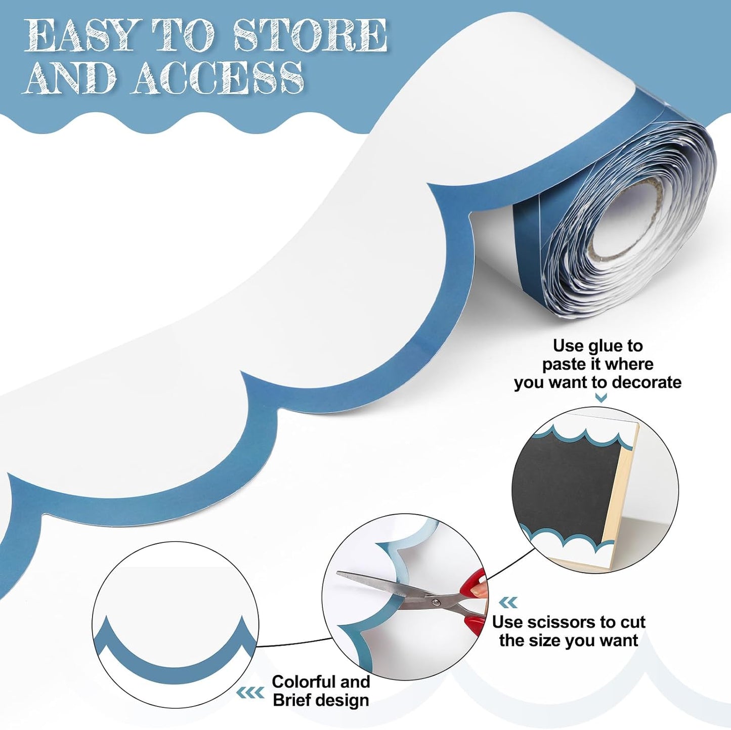 Bulletin Board Borders Wave Line Scalloped Board Borders Classroom / Stone Blue and White / 65 Inch
