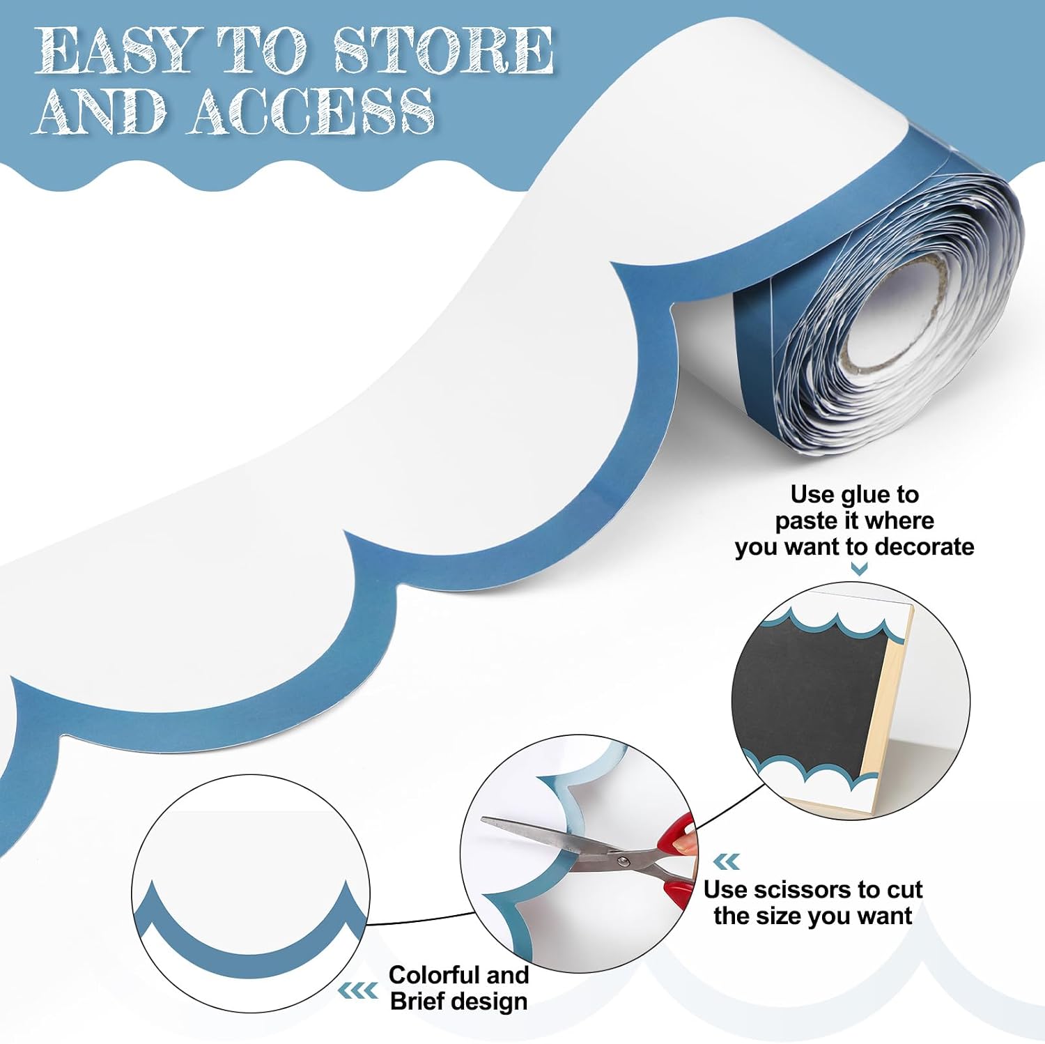 Bulletin Board Borders Wave Line Scalloped Board Borders Classroom / Stone Blue and White / 65 Inch