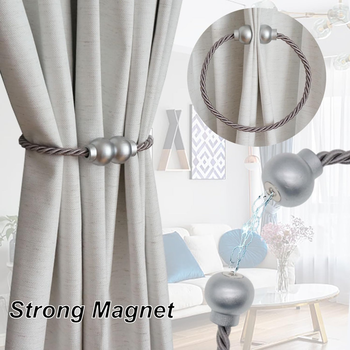 6Pcs Magnetic Curtain Tiebacks Modern Handmade Rope Curtain Tie Backs Grey | Decorative Drapes Weave Holdbacks for Home