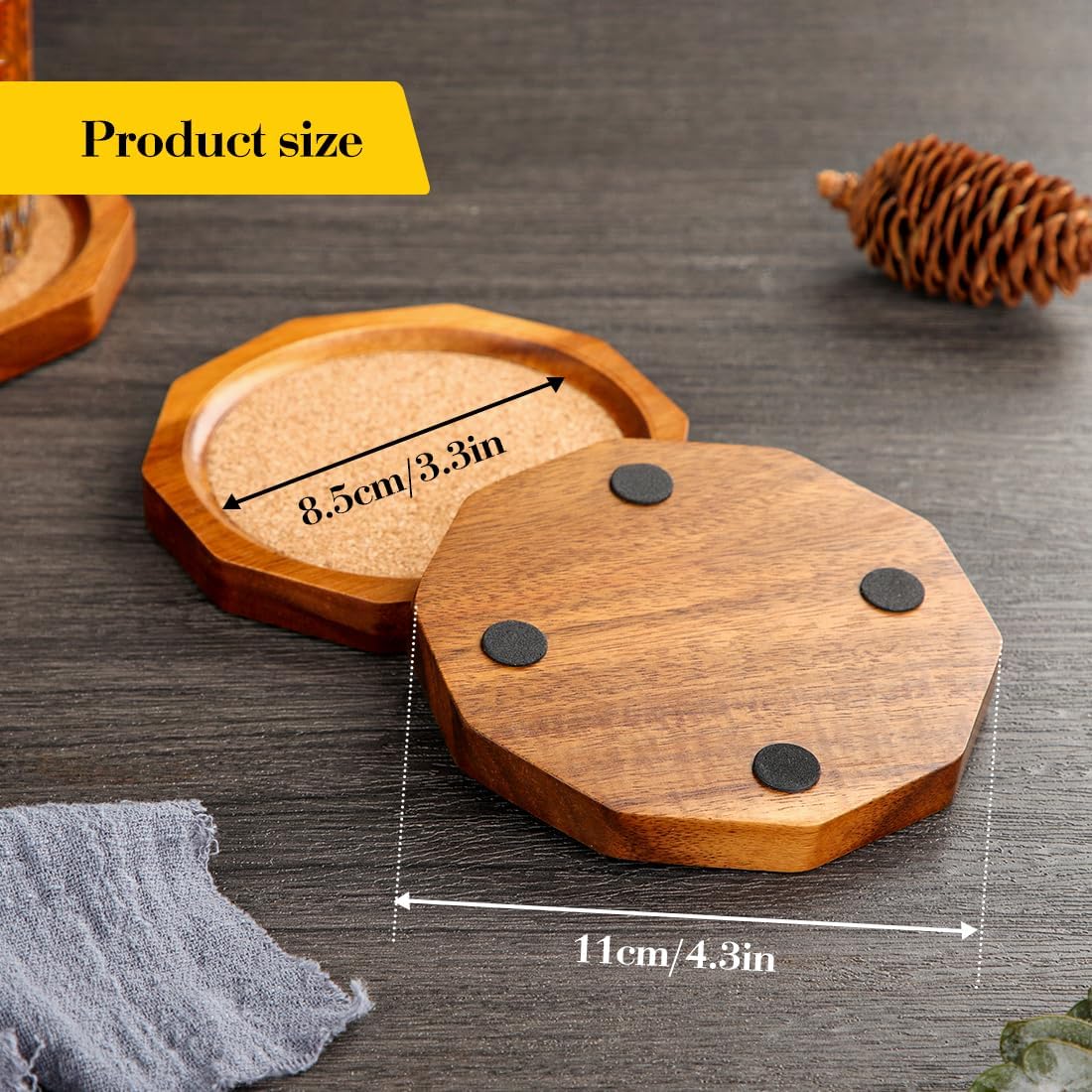 Holder / Decagonal Shape Acacia Wood Coaster Set Drink Coasters / Cork / 4.33 Inch
