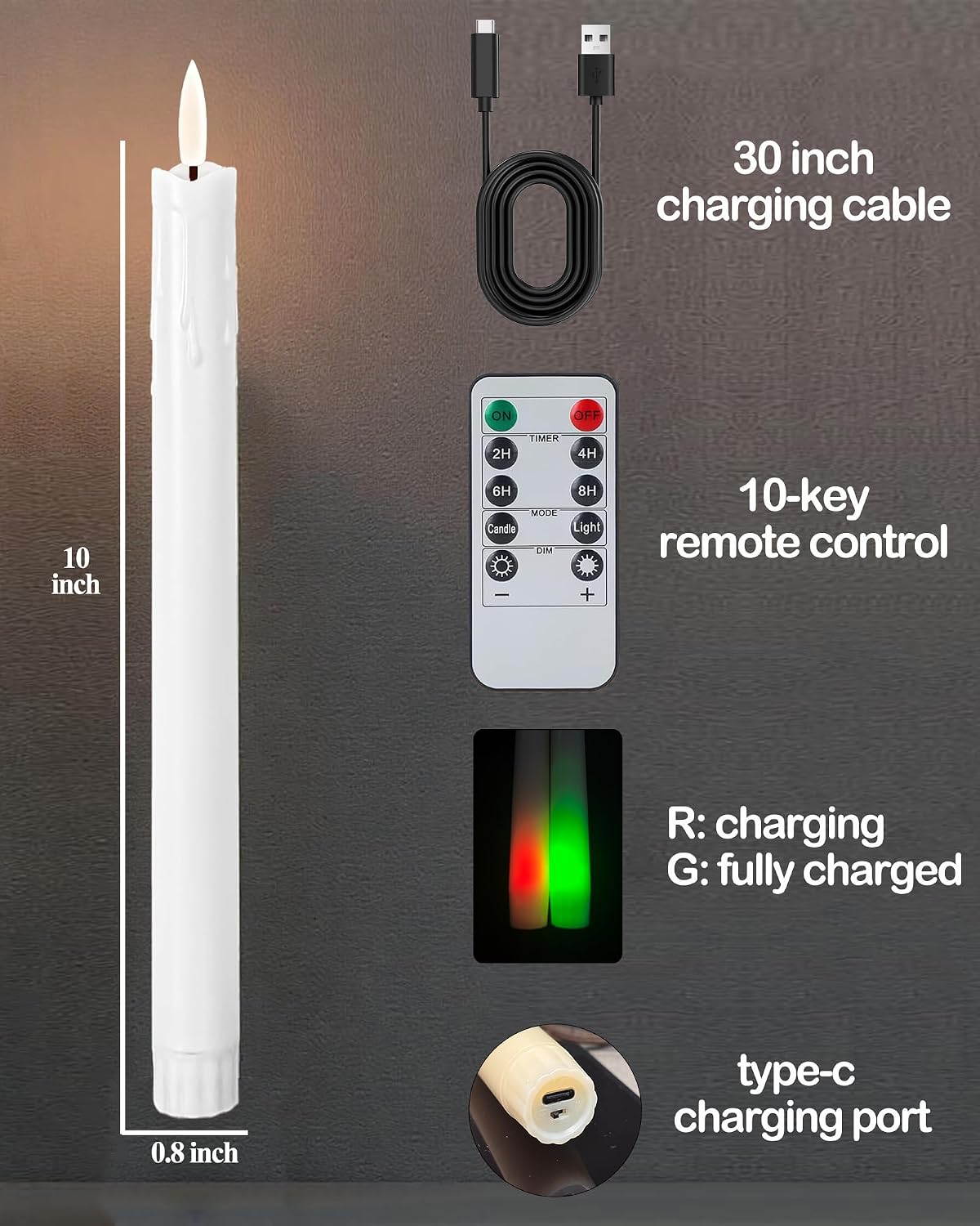 Gmnee 9.6" Taper Rechargeable Candles with Remote and Timer, White | 6 Pack Flameless Taper Candles, LED CandleSticks